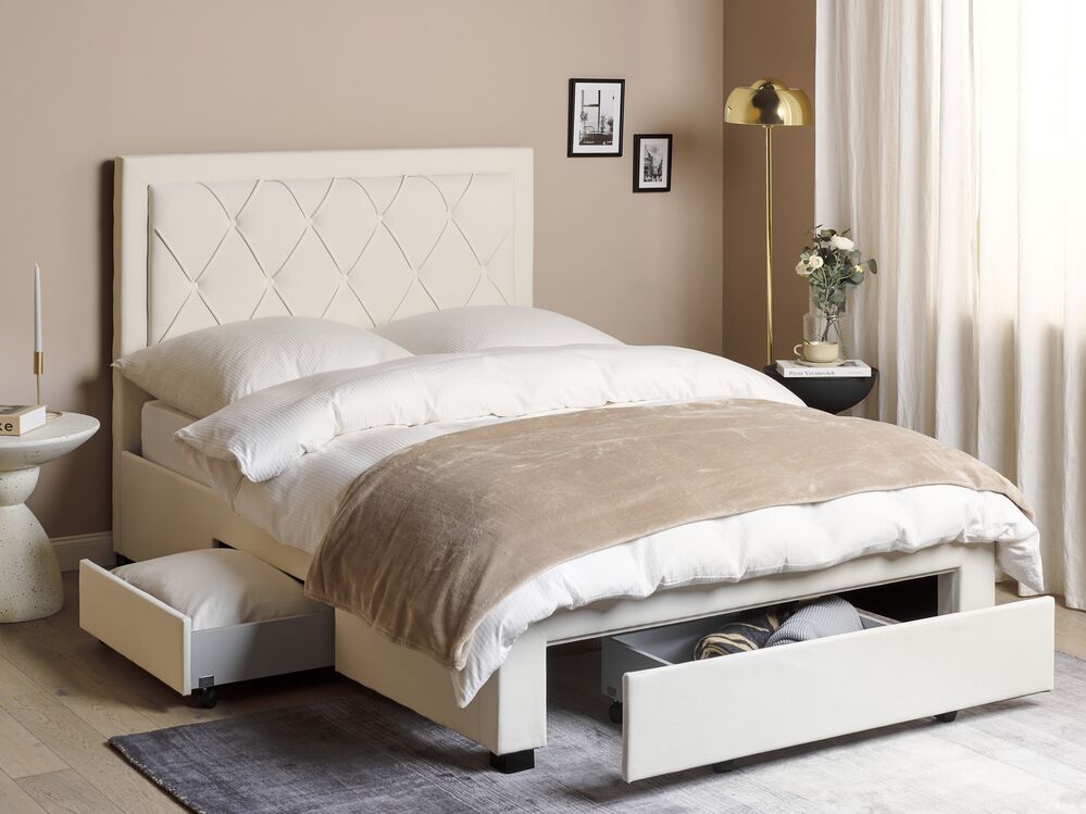 Bed with Storage Drawers LIEVIN Velvet Light Beige 140 x 200 cm (EU Double)