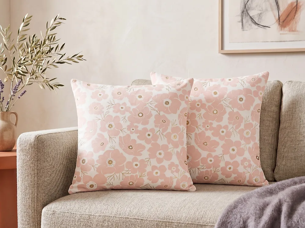 Set of 2 Decorative Cushions TRITELEIA 45 x 45 cm Velvet Pink Floral Pattern_1182479