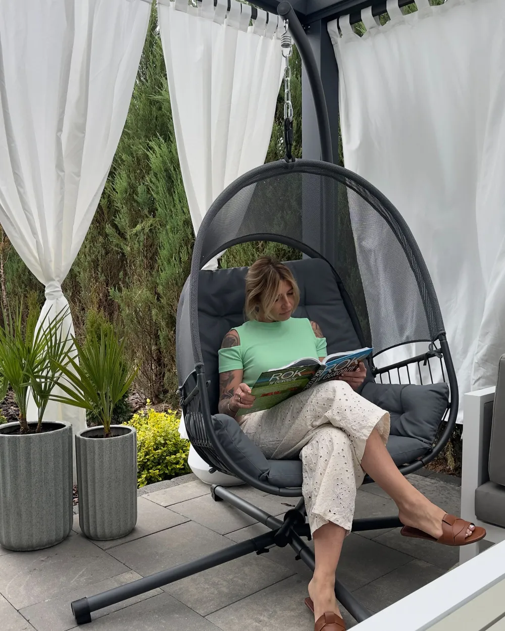 Hanging Chair with Stand ALVIANO Fabric Dark Grey_1075961