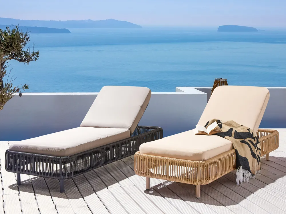 Sun Lounger with Cushion OSINI Reclining PE Rattan Beige