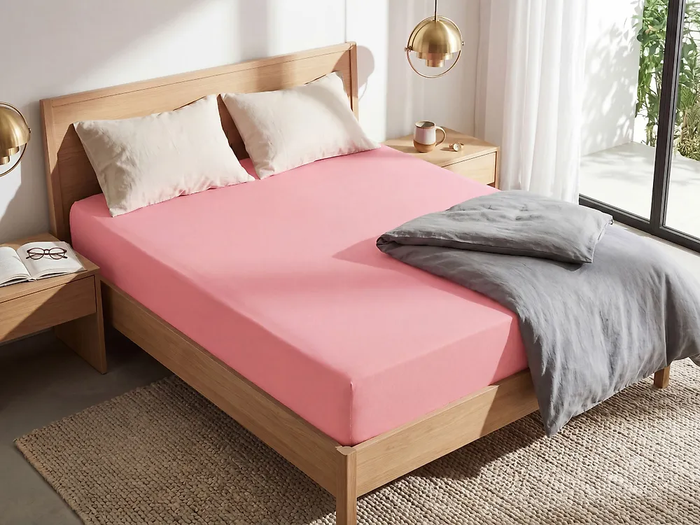 Fitted Sheet JANBU 180 x 200 cm Cotton Coral_1184543