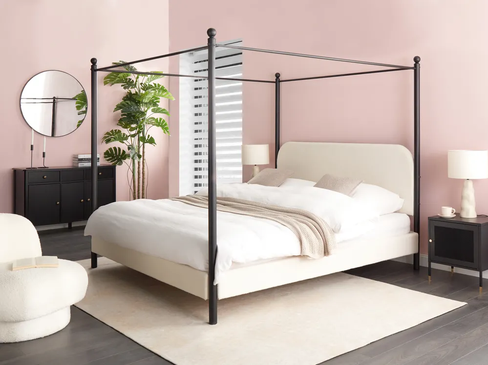 Four Poster Bed Boucle DANNEMOIS 180 x 200 cm (EU Super King) Off-White