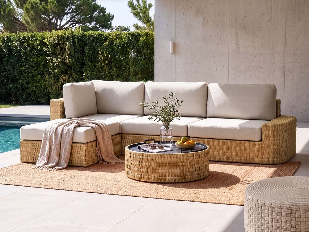 Garten Ecksofa mit Tisch 4-Sitzer OLIVERI Polyrattan Beige rechtsseitig