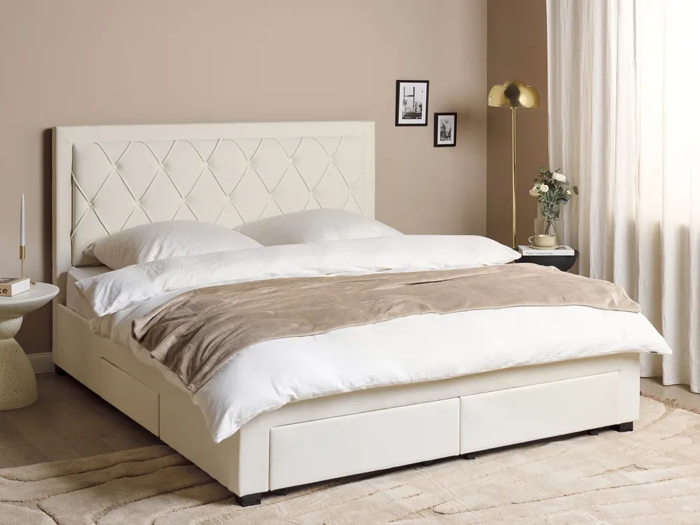 Bed with Storage Drawers LIEVIN Velvet Light Beige 180 x 200 cm (EU Super King)_902438