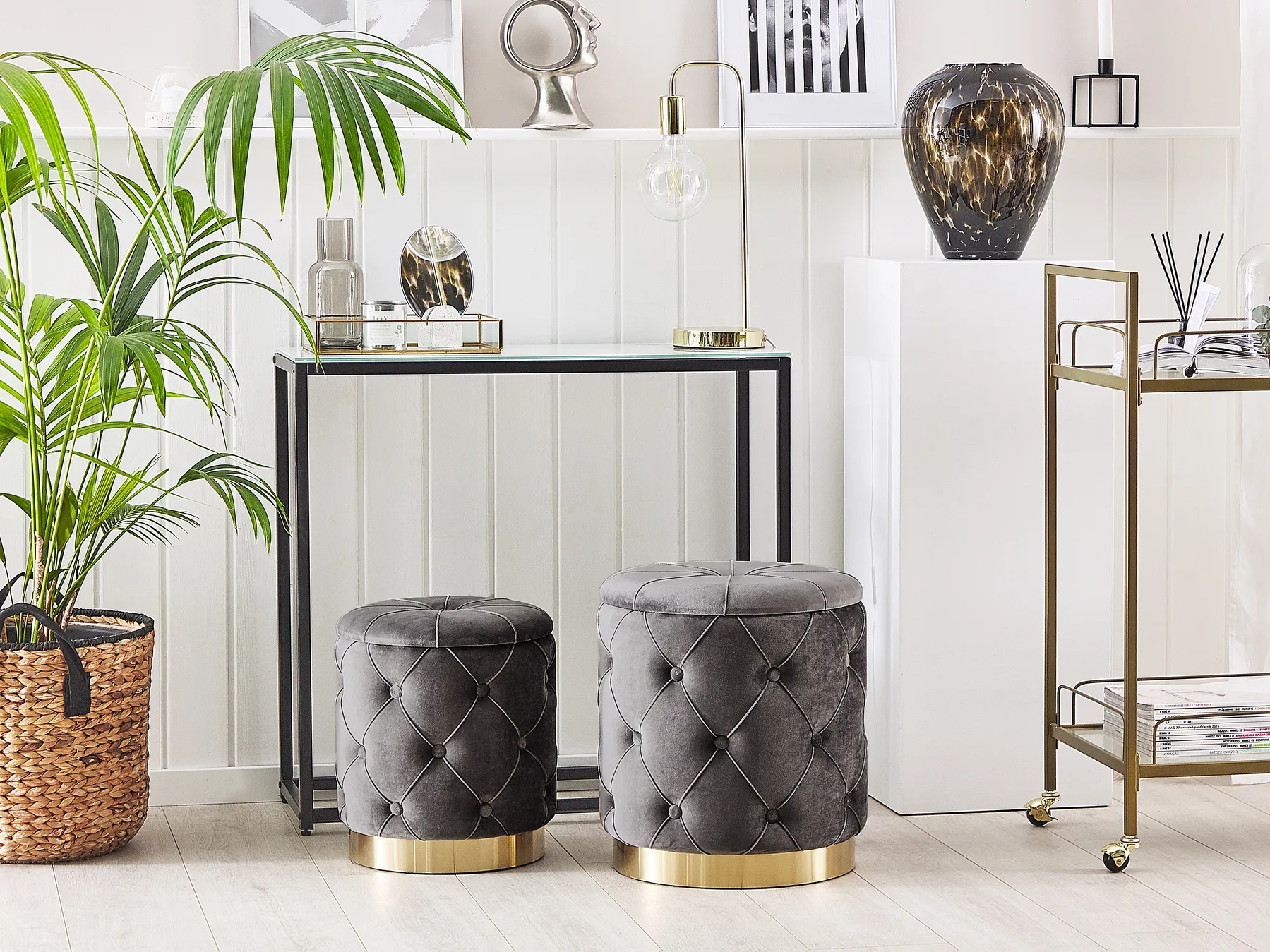 Pouf mit Stauraum 2er Set PUEBLO Samtstoff Grau_772519