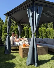 Garten Ecksofa mit Tisch 6-Sitzer OMEGANA modular Polyrattan Hellbeige_1131376