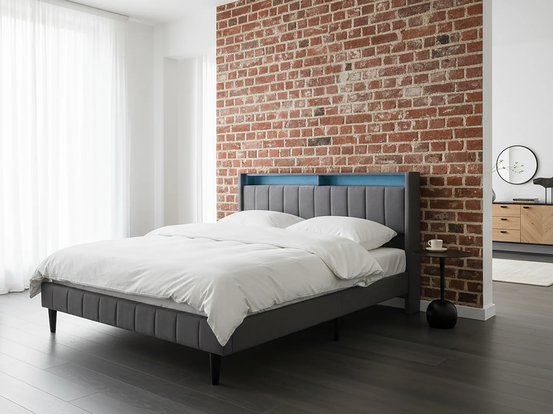Bed with LED BEAULIEU Fabric Dark Grey 160 x 200 cm (EU King Size) with USB Port with Storage_993588
