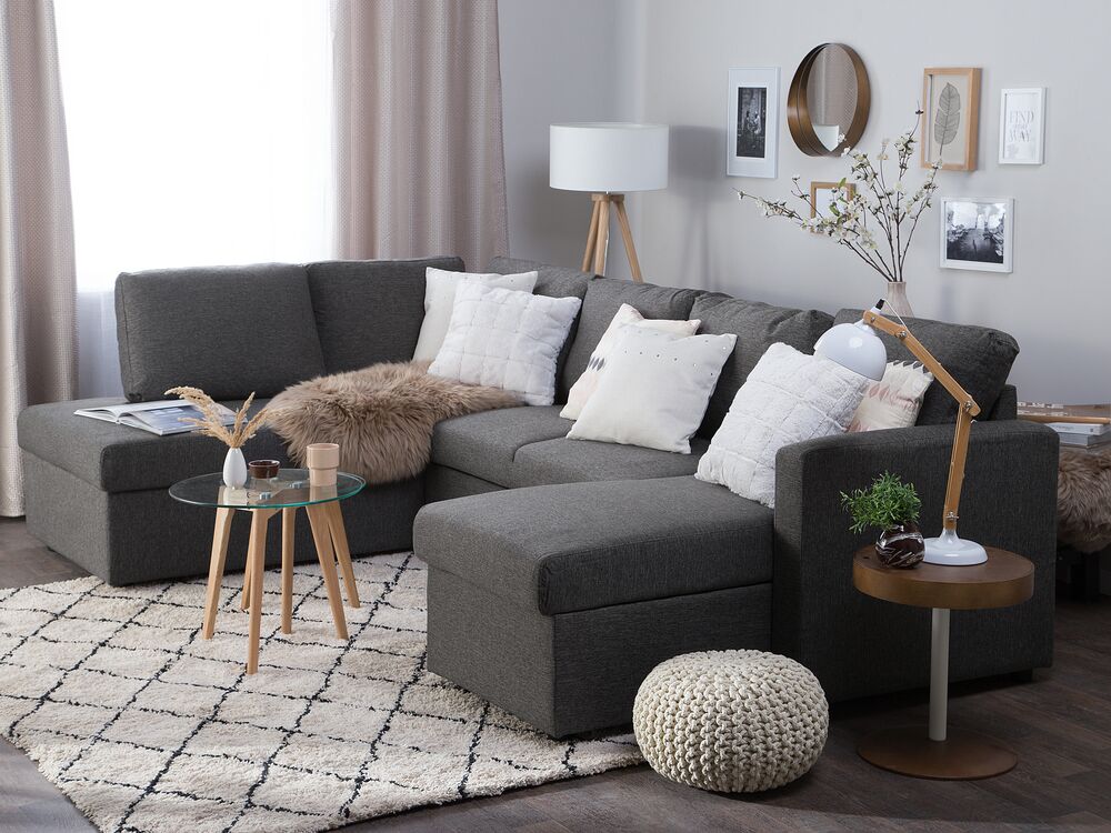 U-Shape Sofa Bed 5 Seater KARRABO with Storage Fabric Dark Grey