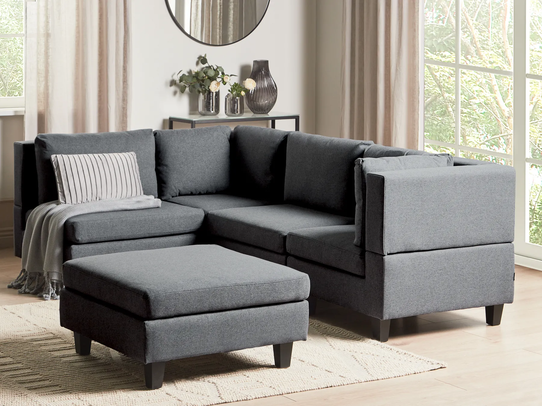 Modul Ecksofa 4-Sitzer UNSTAD mit Ottomane Stoff Dunkelgrau rechtsseitig_924619