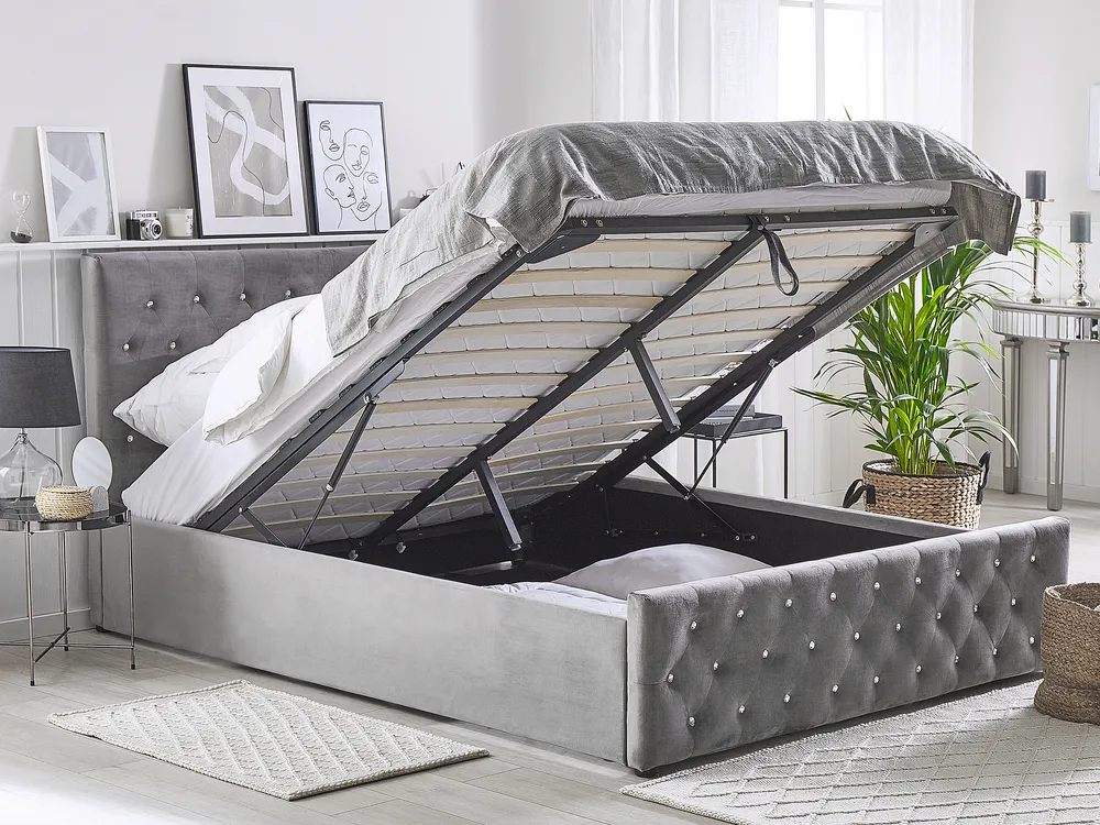 Bett mit Stauraum AMIENS Samtstoff Grau 140 x 200 cm_791228