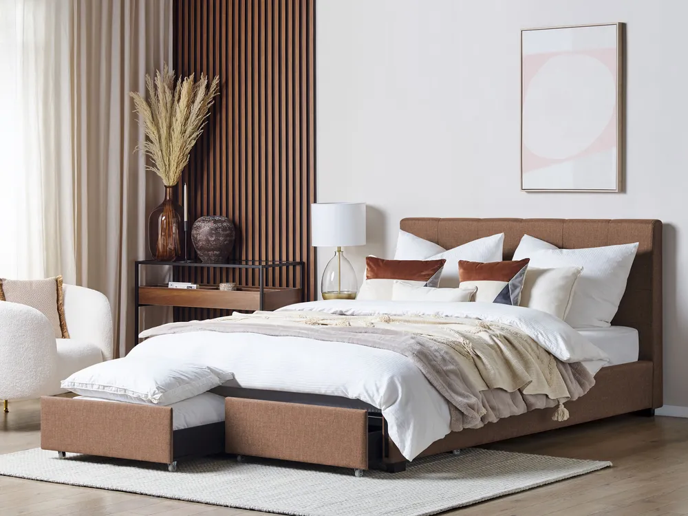 Bett mit Schubladen LA ROCHELLE Stoff Braun 180 x 200 cm