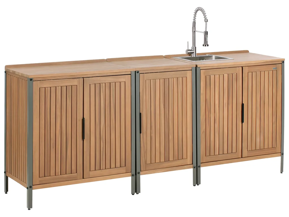 Outdoor-Küche 3er Set mit Spüle IVREA Braun / Silber zertifiziertes Akazienholz