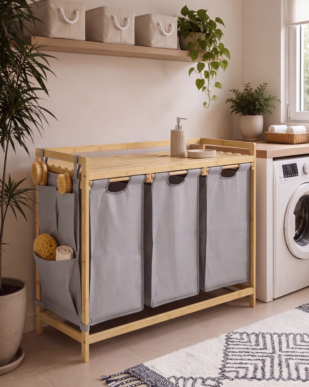 Set of 3 Laundry Baskets with Shelf TOROTAL Bamboo Light Brown/ Grey 120 L