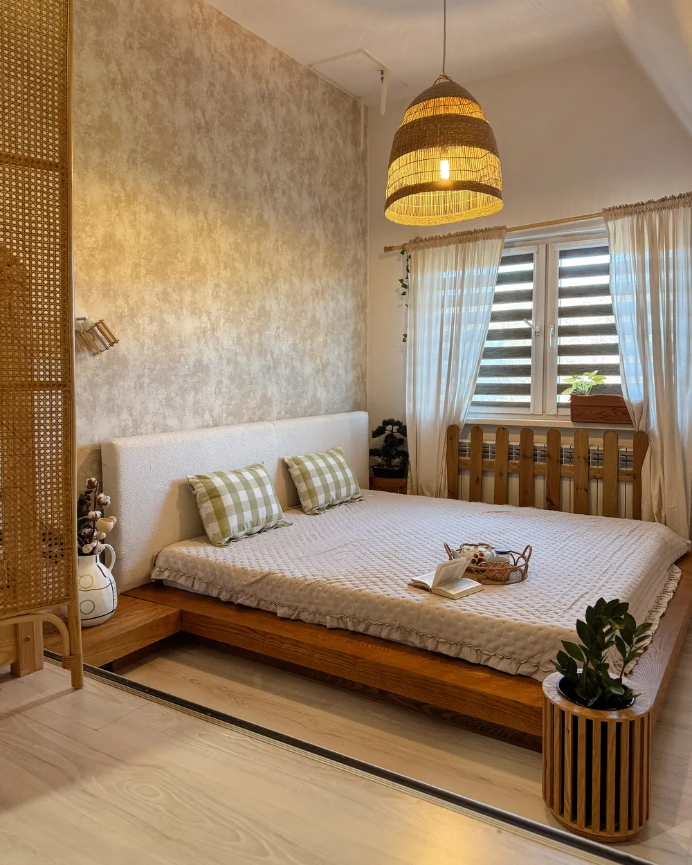 Bett mit LED Bouclé ZEN 180 x 200 cm LED Naturfarbene Esche_945756