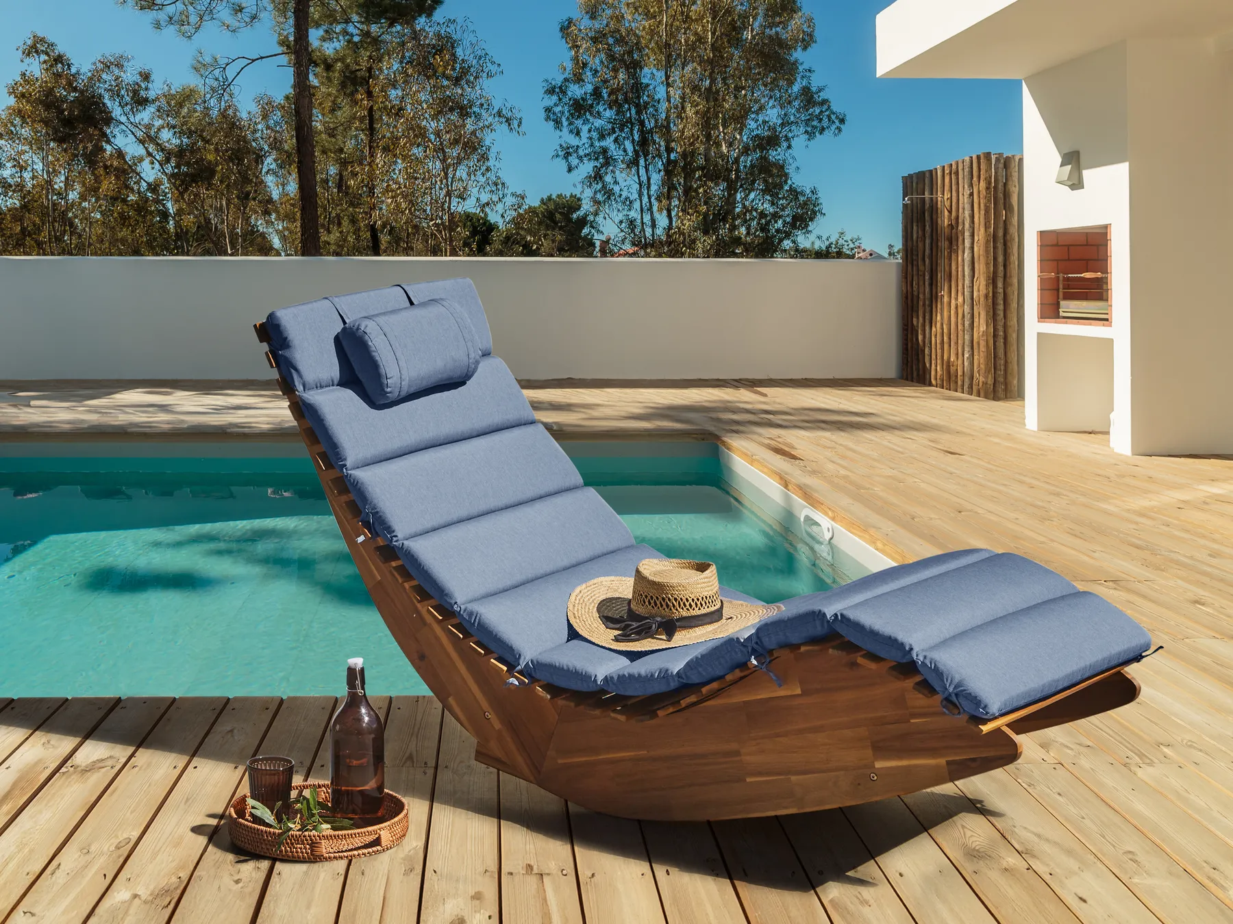 Sonnenliege mit Kissen BRESCIA PREMIUM Akazienholz Blau_1070580