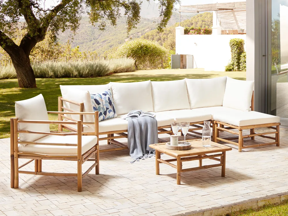 Lounge Set mit Tisch 6-Sitzer CERRETO Bambus Cremeweiß linksseitig