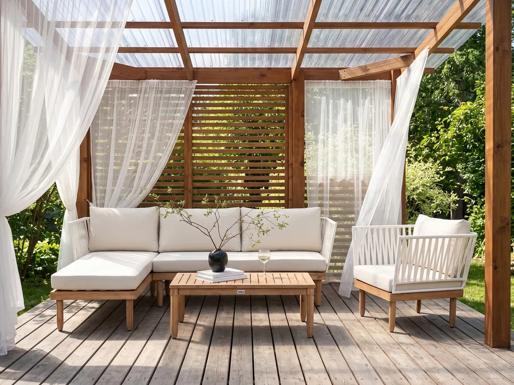 Lounge Set mit Tisch 4-Sitzer CREMONA Akazienholz Weiß rechtsseitig