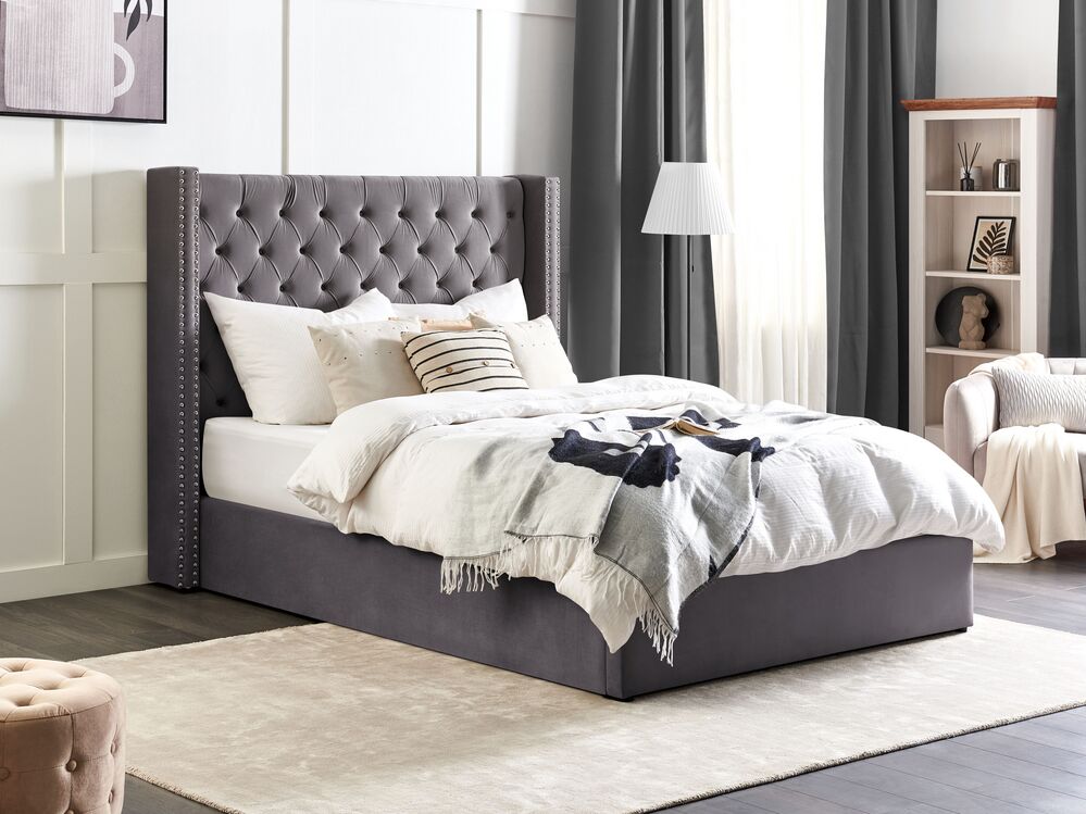 Lit ottoman LUBBON Velours Gris 140 x 200 cm