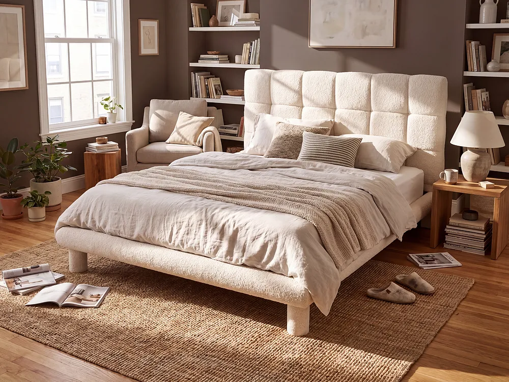 Bett mit Lattenrost Bouclé CRESSAT 140 x 200 cm Cremeweiß_1150970