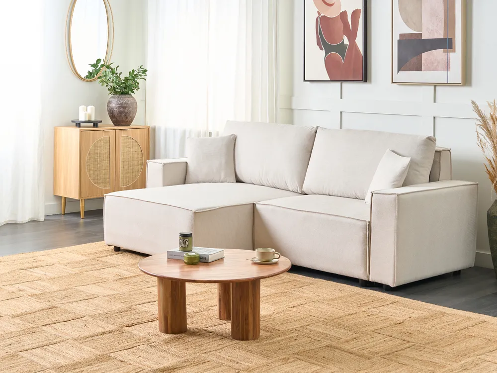 Schlafsofa 3-Sitzer KARILA mit Stauraum Stoff Hellbeige rechtsseitig