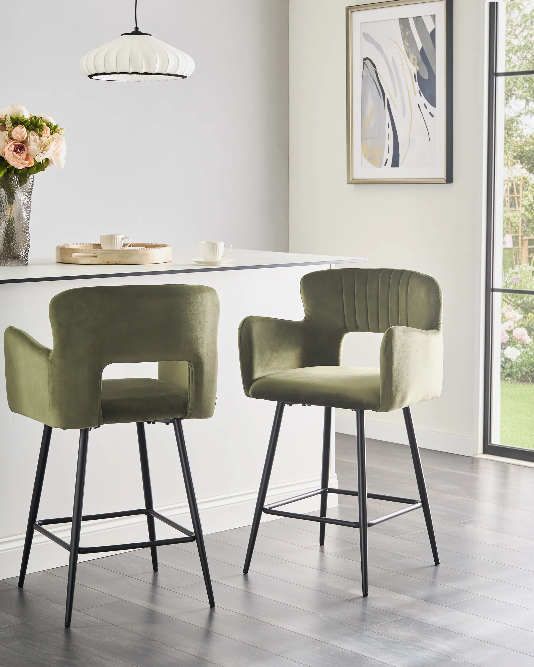 Set of 2 Bar Chairs SANILAC Velvet Olive Green_1019489