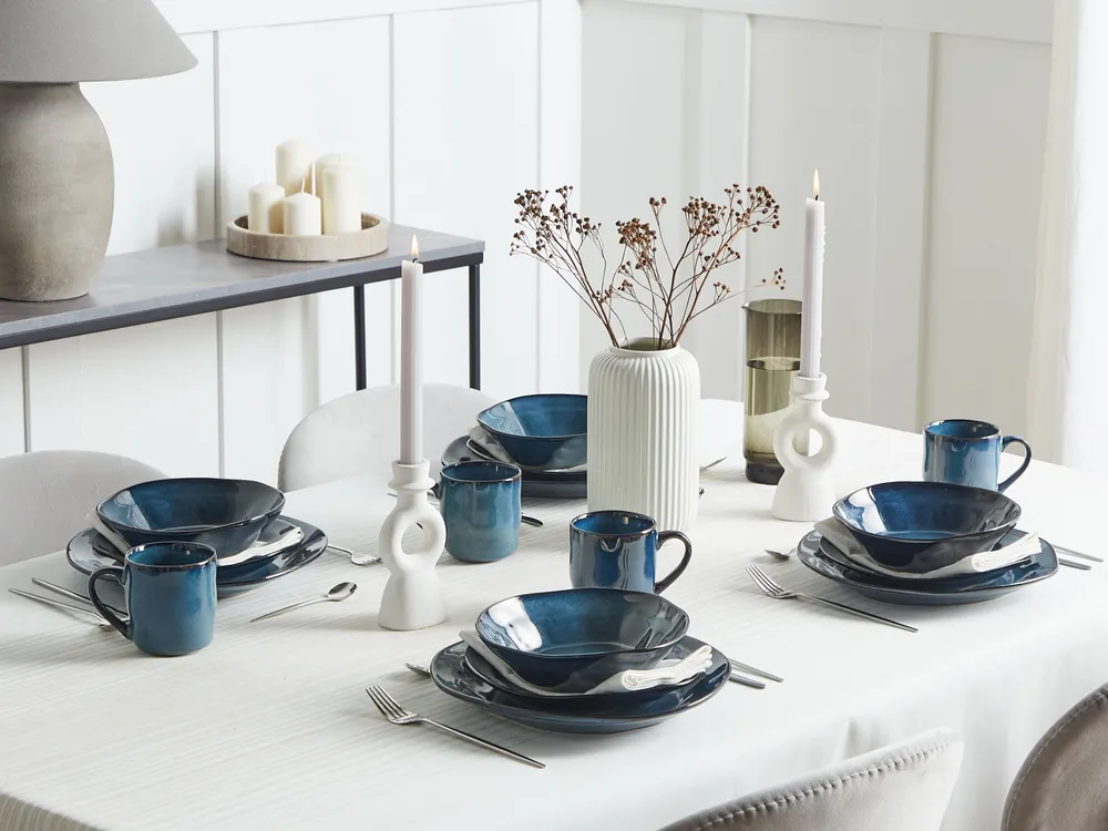 Tafelservice 16-teilig HAWTHORN Steinzeug Blau_957374