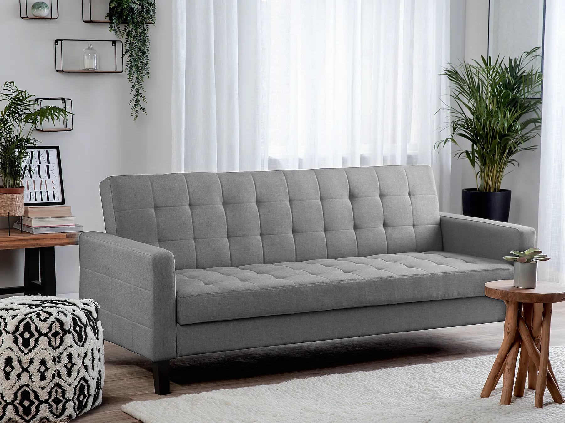 Sofa Bed 3 Seater VEHKOO Fabric Light Grey_719310