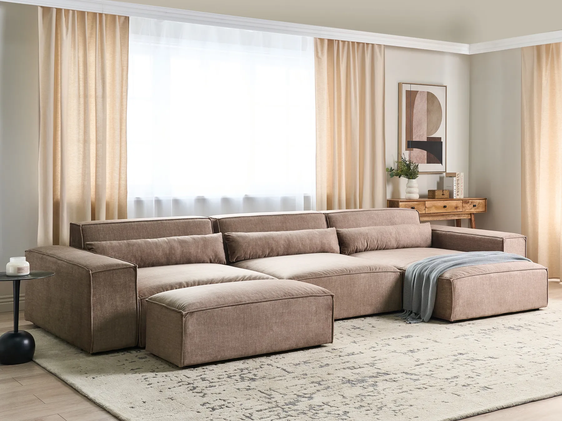 Modul Ecksofa 4-Sitzer HELLNAR mit Ottomane Stoff Hellbraun linksseitig_912392