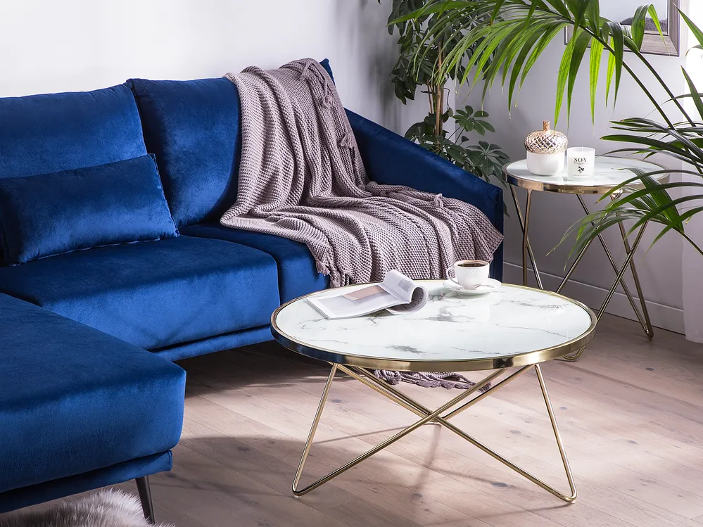 Couchtisch MERIDIAN Sicherheitsglas Marmor Optik / Gold