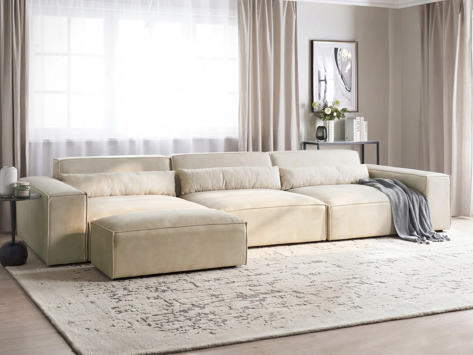 Modulsofa 3-Sitzer HELLNAR mit Ottomane Samtstoff Hellbeige_911007