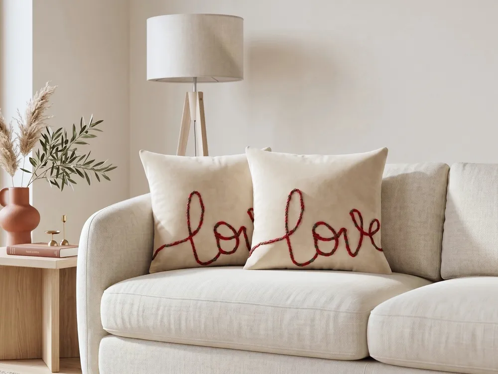Dekokissen 2er Set ROTALA 45 x 45 cm Baumwolle Beige Mit Aufschrift