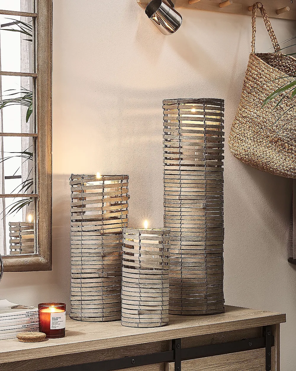 Kerzenständer 3er Set ROVARE 60/39/25 cm Pappelholz Grau_1179448