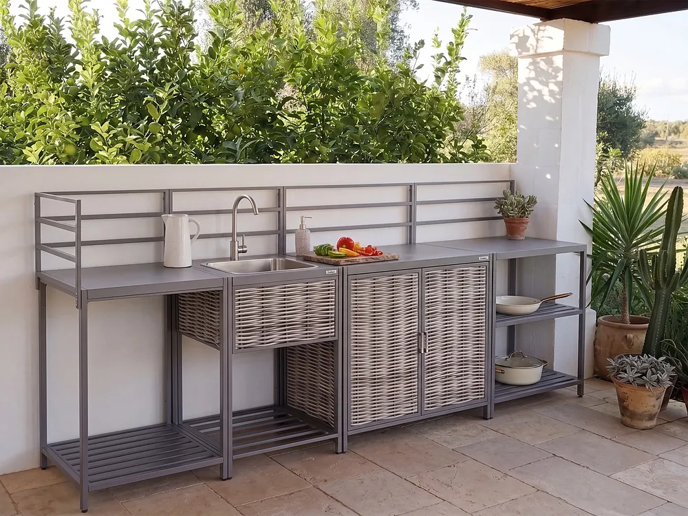 Outdoor-Küche 4er Set mit Spüle MIRADOR Grau Polyrattan_1155590