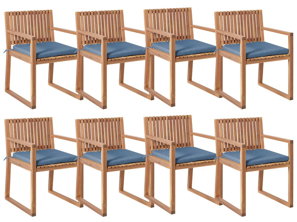 Set of 8 Garden Chairs with Cushions SASSARI PREMIUM Certified Acacia Wood Blue