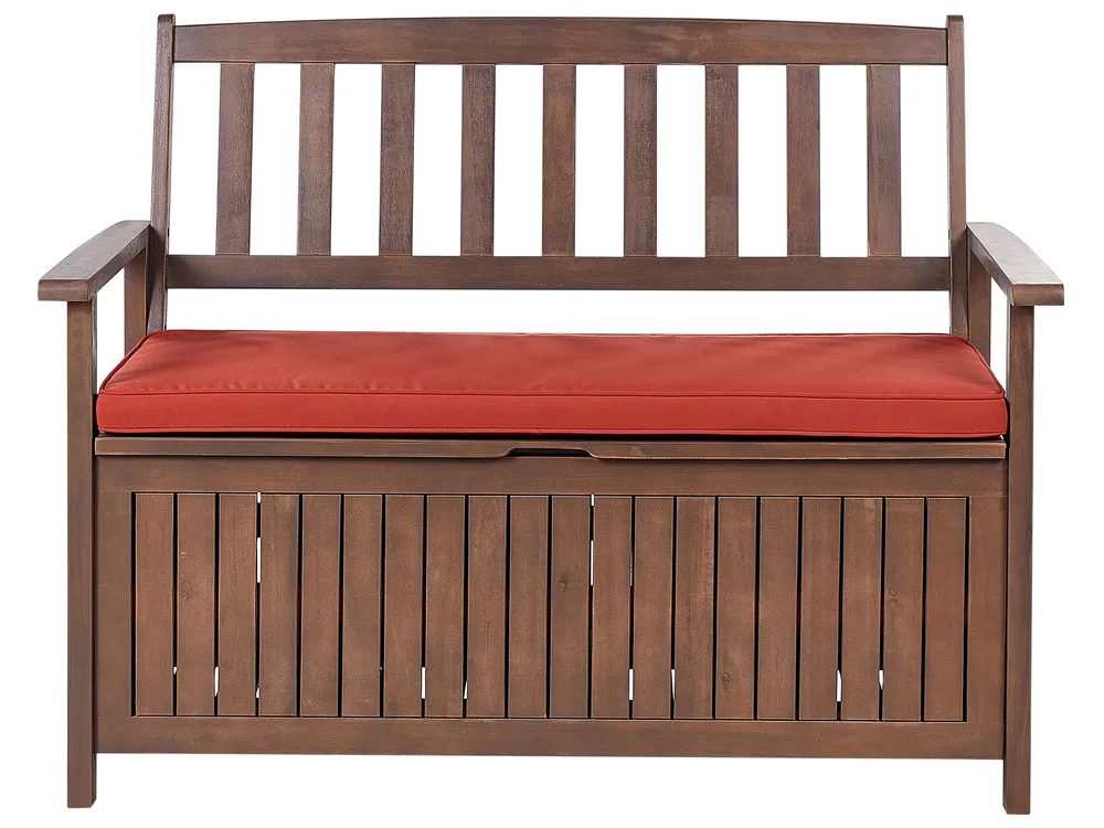 Gartenbank mit Auflage SOVANA 120 cm mit Stauraum Akazienholz Rot