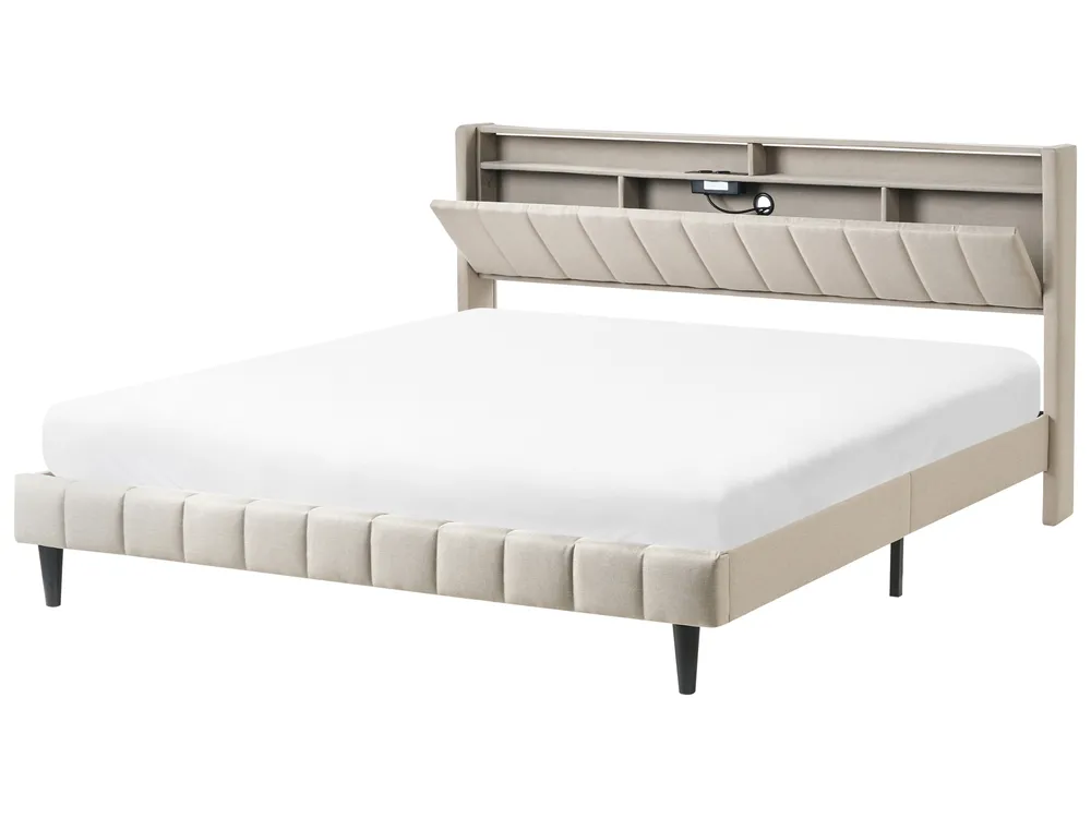 Bett mit LED BEAULIEU Stoff Beige 180 x 200 cm mit Stauraum mit USB-Anschluss_993561