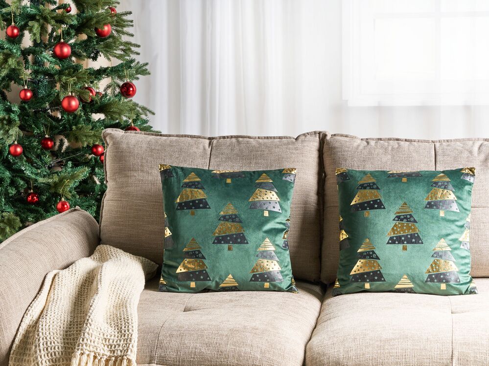 Set of 2 Decorative Cushions GOLDSPRUCE 45 x 45 cm Velvet Green Christmas Motif
