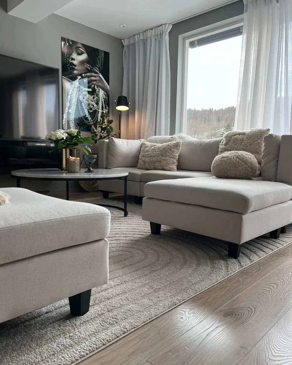 U-förmiges Modulsofa 5-Sitzer UNSTAD mit Ottomane Stoff Hellbeige_961649