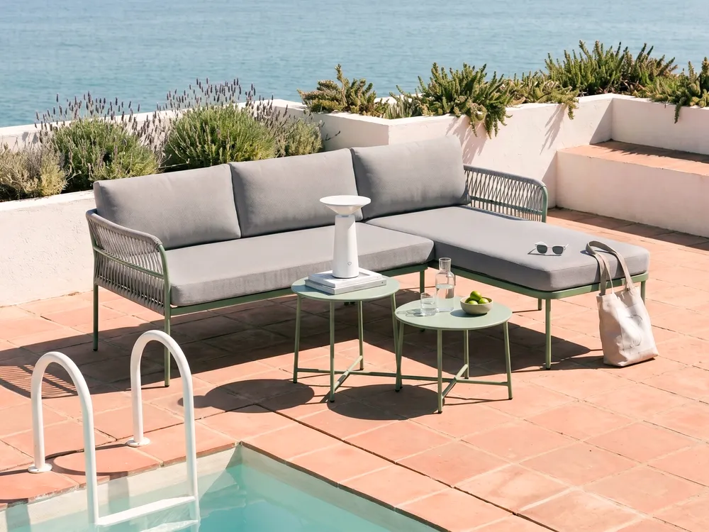 Garten Ecksofa 3-Sitzer ONZO mit Tischen Metall Grün linksseitig