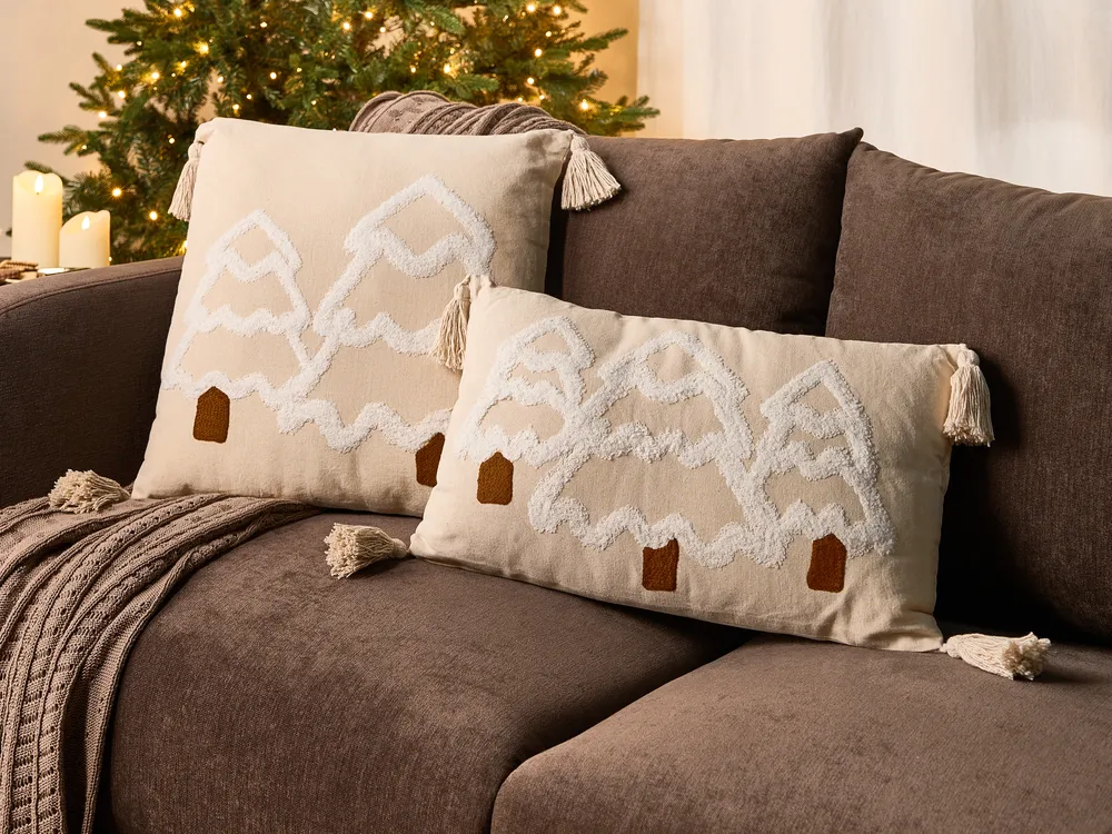 Dekokissen 2er Set INTSIA 30 x 50 cm 45 x 45 cm Baumwolle Hellbeige Weihnachtsmotiv