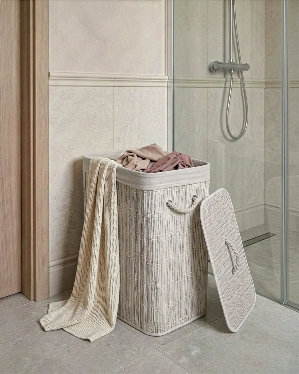 Laundry Basket with Lid TRANCURA Fabric White 72 L - Beliani.ro