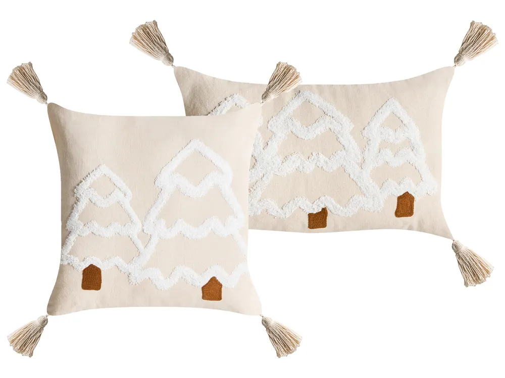 Dekokissen 2er Set INTSIA 30 x 50 cm 45 x 45 cm Baumwolle Hellbeige Weihnachtsmotiv