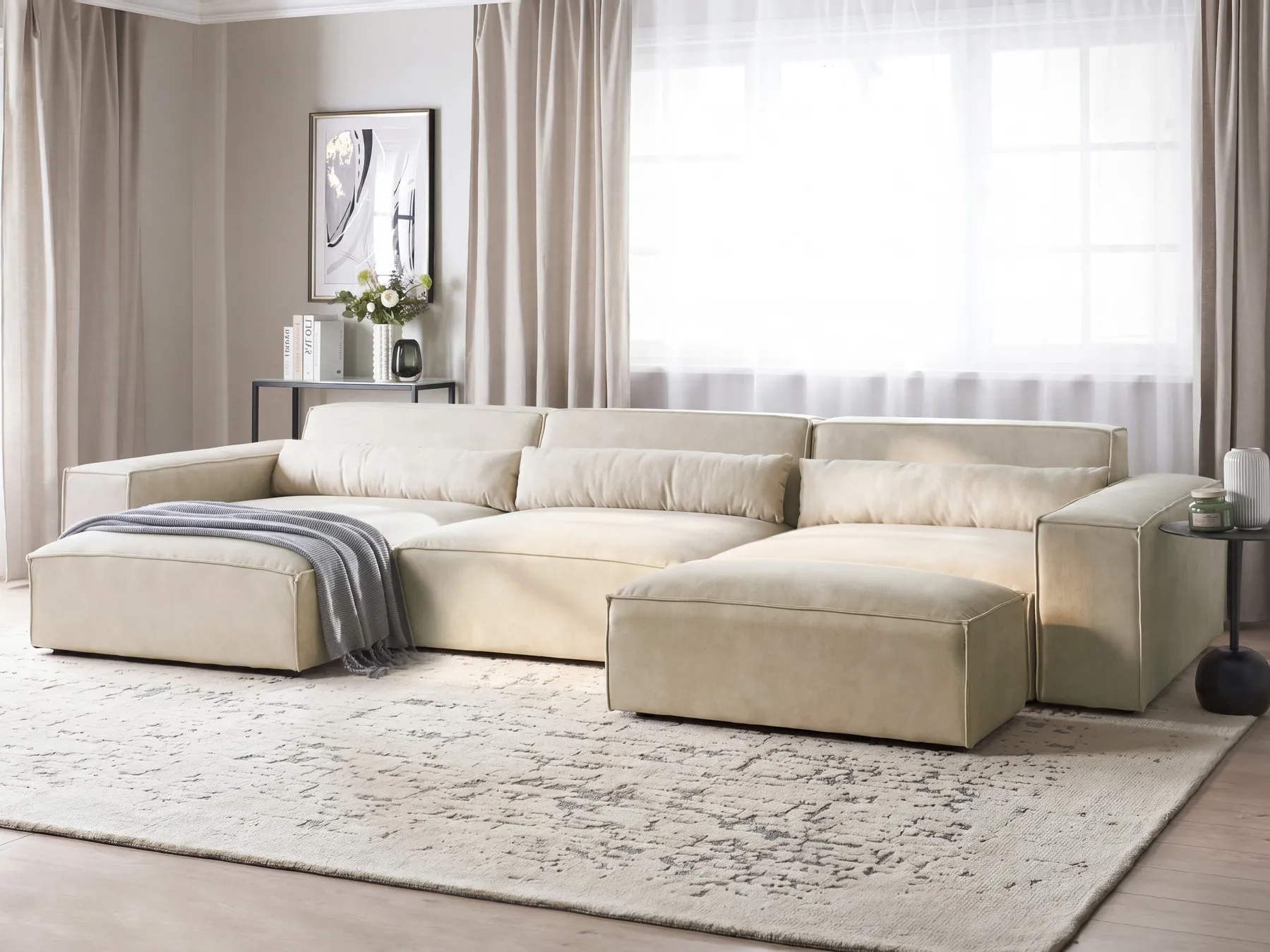 Modul Ecksofa 4-Sitzer HELLNAR mit Ottomane Samtstoff Hellbeige rechtsseitig_911141