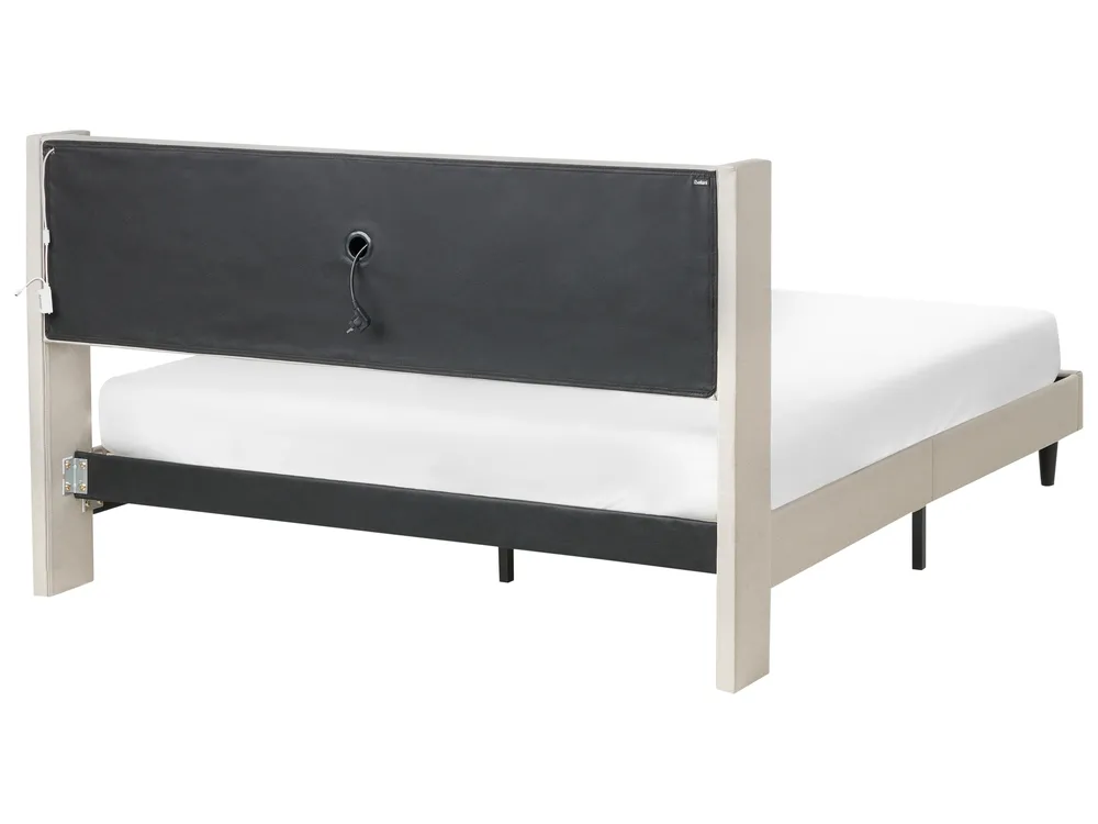 Bett mit LED BEAULIEU Stoff Beige 160 x 200 cm mit Stauraum mit USB-Anschluss_993539