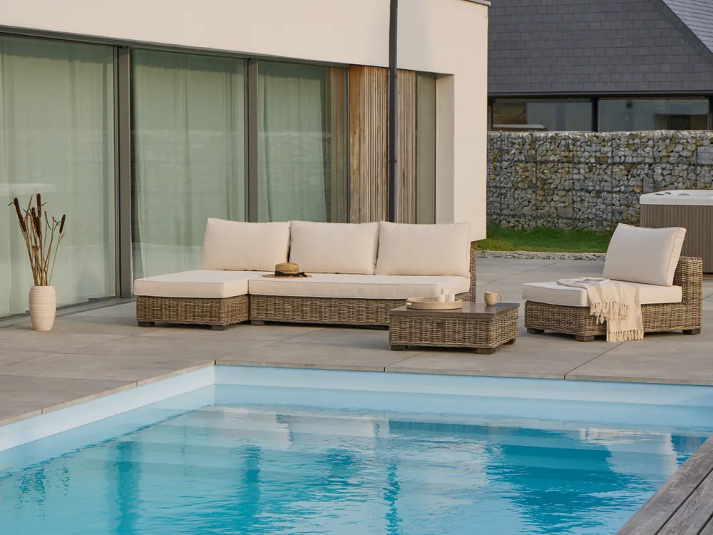 Lounge Set mit Tisch 4-Sitzer VARALLO modular Rattan Grau rechtsseitig