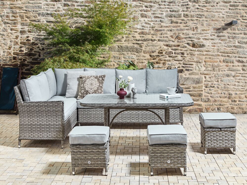 Garden Lounge Set with Table and Ottoman 9 Seater LACONA PE Rattan Light Grey Right Hand