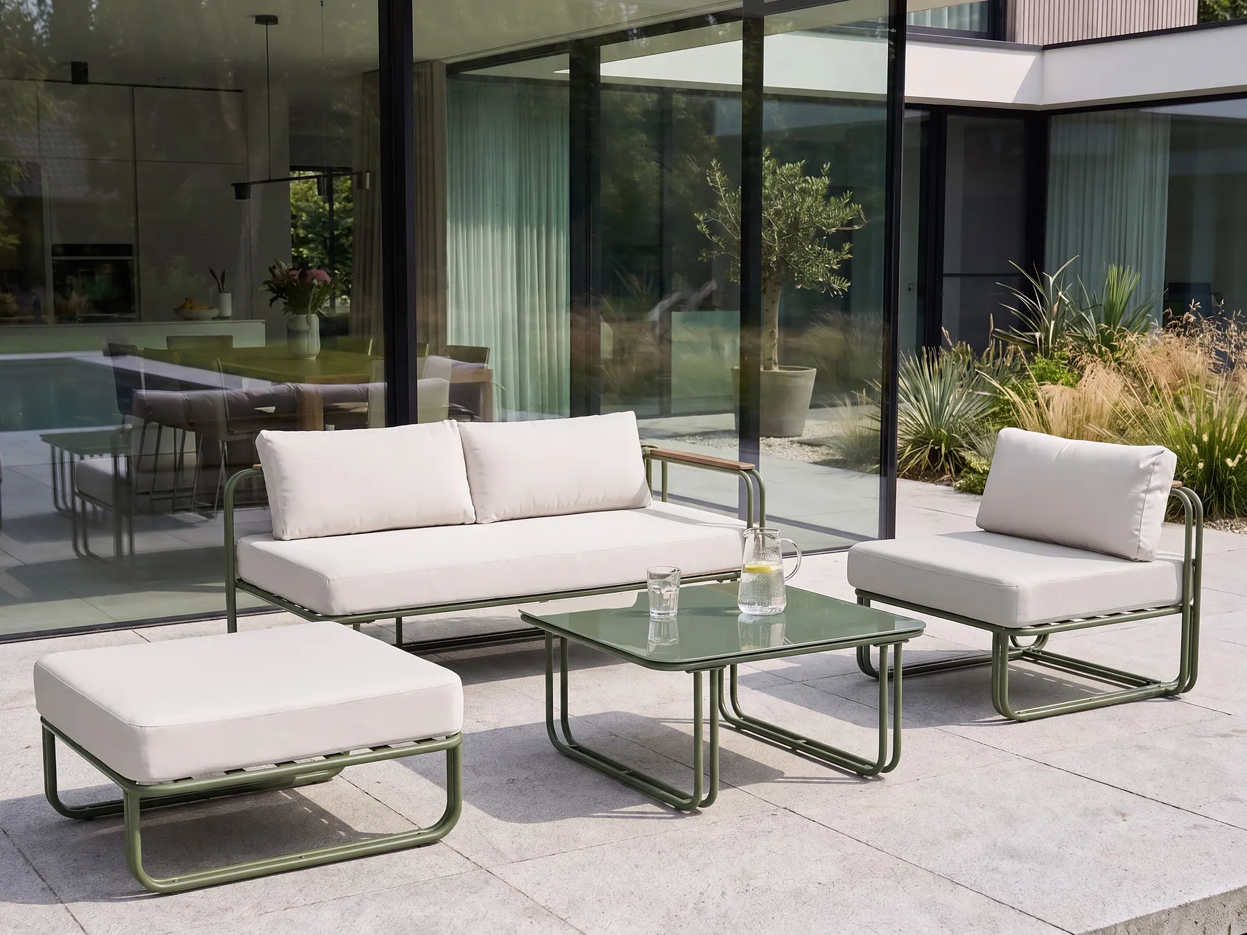 Garden Lounge Set with Table and Ottoman 3 Seater CAMEROTA  Metal Green_1156432