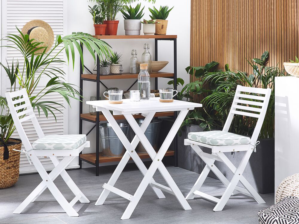 Bistro Set with Cushions Folding FIJI Acacia Wood White