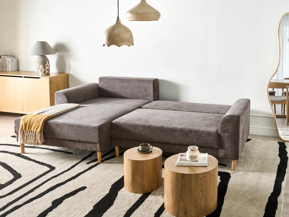 Eckschlafsofa 3-Sitzer NUBORG Chenillegewebe Taupe rechtsseitig_1017448