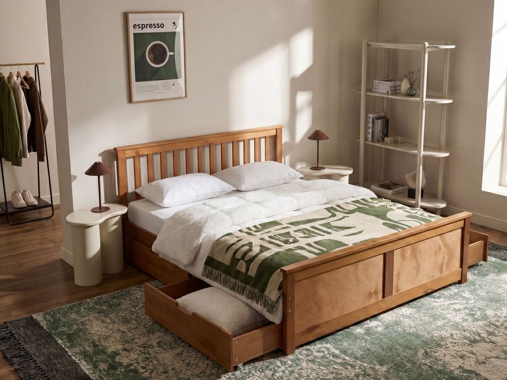 Bed with 4 Drawers OLENDON Pine Wood Brown 160 x 200 cm (EU King Size)